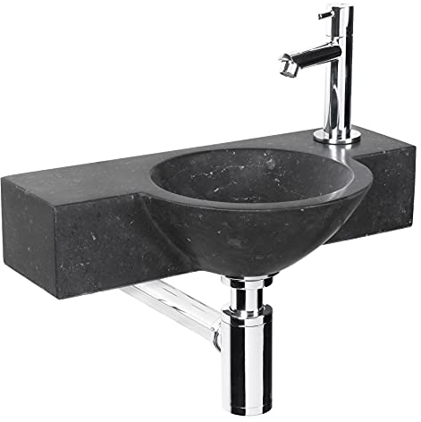 Differnz Teti Waschbecken - Waschtisch Schwarz Naturstein - Gerade Armatur Chrom - Komplettset - 40 x 23 x 8 cm