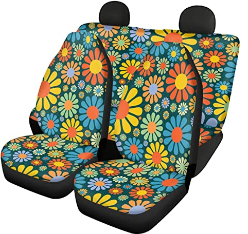 Belidome Abstrakte Hippie Blume Auto Sitzbezüge Voller Satz Vorne Hinten Bunte Gänseblümchen Sitzkissen Universal