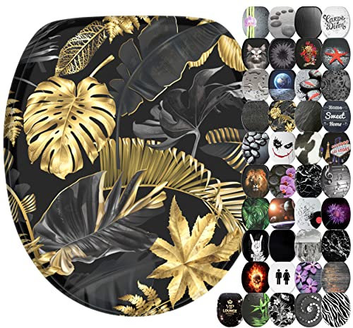 Sanilo Soft Close Toilet Seat, Wide Choice of Black Toilet Seats, Stable Hinges, Easy to Mount (Golden Leaves)