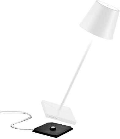 Zafferano Poldina Pro Kabellose LED-Tischlampe Wiederaufladbar Touch-Dimmer - IP65 Innen/Außeneinsatz, Aluminium mit USB-Ladegerät (EU/UK/US), Weiß, LD0340B3x1, H 38 cm/Sockeldurchmesser 11 cm