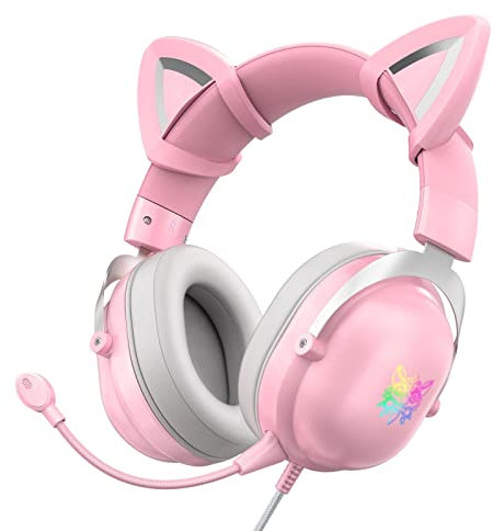 Skecten Pink Cat Ear Gaming Headset with Mic, 50MM Driver Noise Cancelling LED Adult Cat Headphones with 3.5mm Jack for Xbox One, PS4, PS5, PC, Laptop, Mac, 4D Stereo Surround Wired Headsets