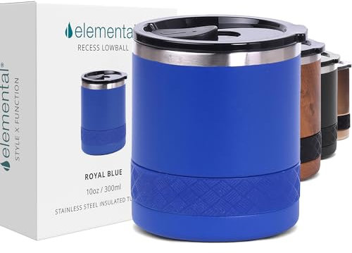 Elemental 284 ml Recess Rocks Tumbler, dreifach wandig, Lowball-Cocktail-Heiß- und Kalt-Reisebecher, wiederverwendbarer 18/8-Edelstahl – Königsblau