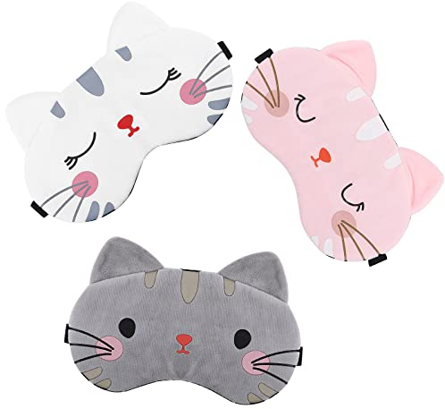 Lusofie 3 Stück Kinder Schlafmaske Cartoon Katze Schlafmaske mit Verstellbaren Trägern Weiche Kinder Augenmaske Augenbinden Baumwolle Schlafmaske für Erwachsene Kinder Reise Augenmaske