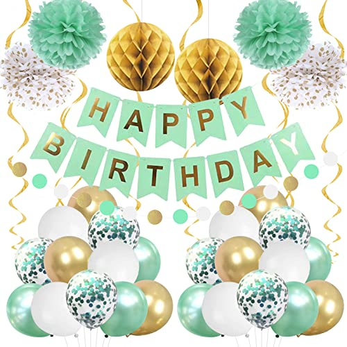 Mintgoldene Geburtstagsdekorationen für Frauen Mädchen, Happy Birthday Dekoration, mintweiße Partydekorationen für 1. 13. 16. 21. 30. 40. 50. 60. 70. Geburtstagsparty-Zubehör