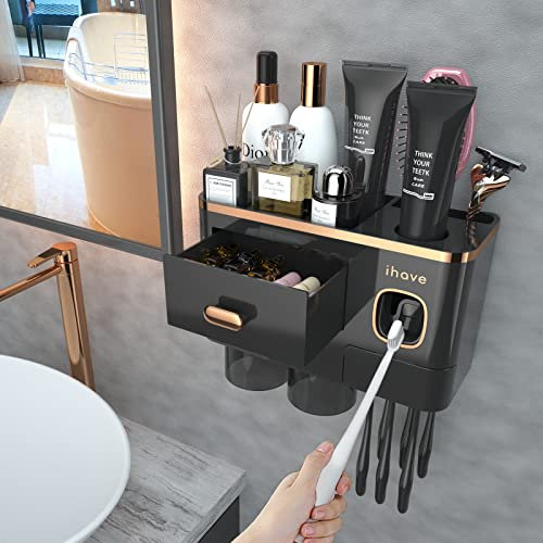 iHave Zahnbürstenhalter Wand Badezimmer Organizer, Zahnbürstenhalter mit Zahnpastaspender, 2 Becher, Schublade, großer Kapazität Zahnbürsten Organizer Badezimmer Deko in Schwarz Gold