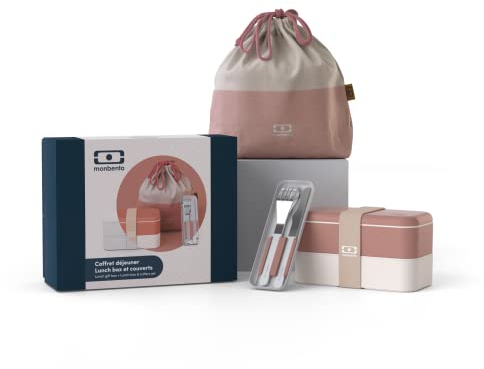 Monbento Lunch Gift Box - Moka Bento MB Original, Natural Bag, Slim Box, Moka Cutlery Set - Pink - Original Gift Idea