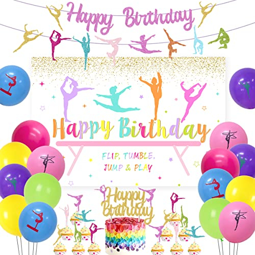 Happy Birthday Geburtstagsdekorationen: Happy Birthday Banner, Luftballons & Girlande für Kuchen und Cupcakes zum Thema Gymnastik