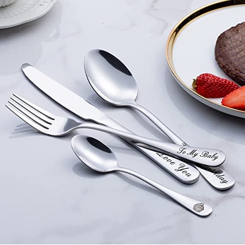 Cubiertos grabados personalizados, juego de vajilla personalizado con caja de regalo, tenedor/cuchillo/cuchara de acero inoxidable con letras personalizadas (plata)