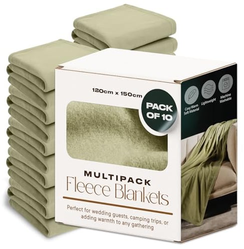 Dreamscene Wholesale 10 x Fleece Blanket Green Throw, Soft Cosy Warm Throws for Sofas Bed Couch Settee Throws Joblot Travel Garden Blanket Single Bed Throw Bulk, Sage Green - 120 x 150cm
