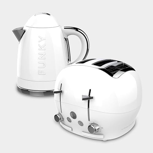 FUNKY Retro Kettle and Toaster Breakfast Set, 1.7L Easy Pour Kettle, Large Deep and Wide Toaster - White