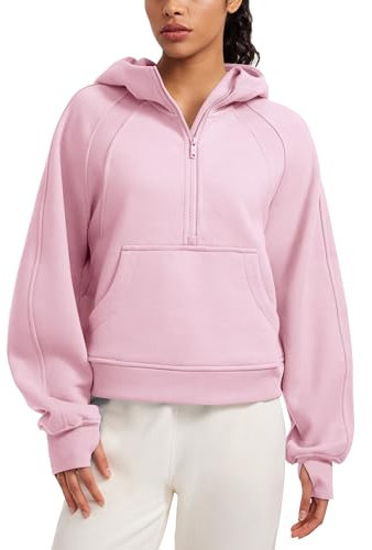 CRZ YOGA Damen Fleece Gefüttert Hoodie 1/2 Reißverschluss Kapuzenpullover Taschen Workout Langarm Hoody Pullover mit Daumenloch Rosa Pfingstrose 38