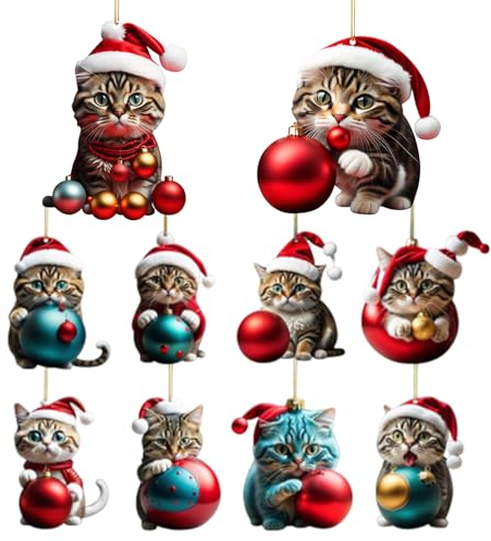 Weihnachtsbaumschmuck 10pcs Weihnachten Dekoration 2D Acryl Weihnachtsbaum Deko Cat Car Mirror Hanging Accessoires Doppeldruck Weihnachtskatze Ornamente für Weihnachtsdekoration