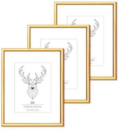 KHG 3er Set Bilderrahmen aus Kunststoff DIN A4 mit stabilem Glas und Passepartout, zum Aufhängen oder Hinstellen, Ideal für Portraits, Urkunden, Poster - Gold, 21x29,7 cm