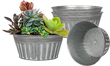 vensovo 22.9 CM Silver Metal Rustic Plant Pots - 4 Pcs Large Shallow Galvanized Planters with Drain Hole and Rubber Plug, Rustproof Tin Bucket Succulent Pot Indoor Farmhouse Vintage Style for Decor