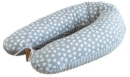 LOOLAY Schwangerschaftskissen - Stillkissen 190 cm - Seitenschläferkissen 100% Baumwolle - mit Abnehmbarem Minky Bezug - Ergonomisches Schwanger Kissen für Schlafen (Herzchen Grau/Minky Grau)