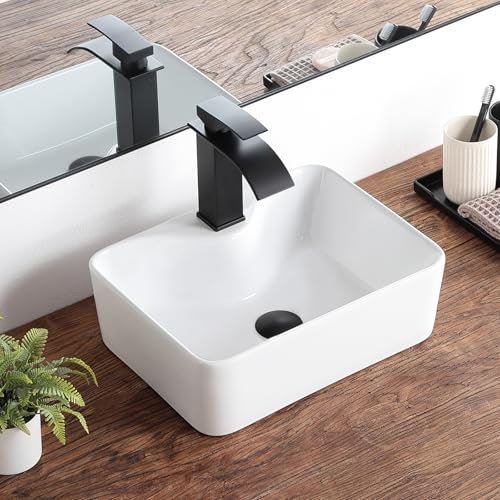 KARAMAG Fregadero de baño pequeño de 16 x 12 pulgadas, moderno sobre el mostrador, rectangular, 16 pulgadas, con agujero para grifo, porcelana blanca, cerámica, pequeño lavabo de baño