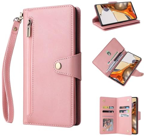 ESONG Cover per Xiaomi Redmi note 13 Pro 5G,Custodia Portafoglio a Libro in Pelle PU,Antiurto Protezione Flip Wallet Case con Staffa,Slot per Schede,Magneticachiusa,Cerniera,Cordino-rosa