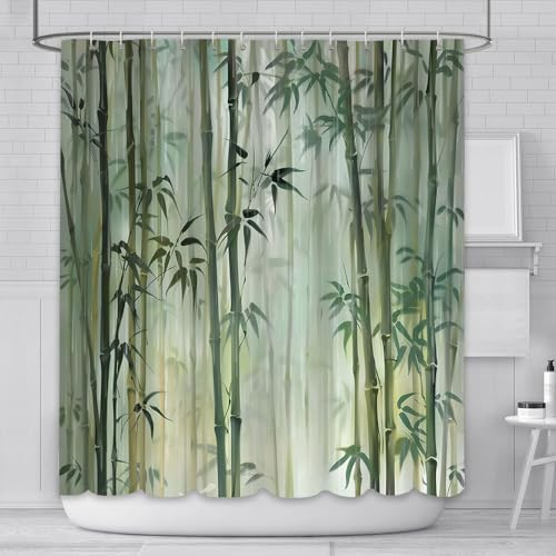 AIBIIN Rideau de douche en bambou 180 x 180 cm - Décoration de salle de bain - Vert zen - Rideau de bain imperméable et durable en polyester avec 12 crochets