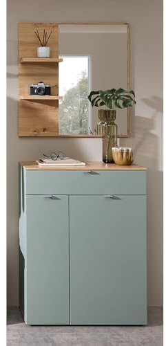 Lomadox Garderoben Set modern Spiegel Kommode grün matt mit Eiche