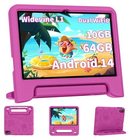 TUOHAITIME Kinder Tablets, Android 14 Tablet für Kinder, 10 Zoll Tablet mit Octa-Core, 10GB RAM 64GB ROM 1TB Karte erweiterbar, Elterliche Kontrolle, 6000mAh, WiFi, Bluetooth, Kleinkind tablets (Rosa)