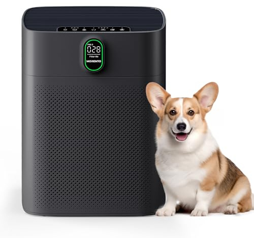 MORENTO Luftreiniger für Zuhause, große Räume bis zu 1076 m², Schwarz | Mit PM 2,5 Display, Luftqualitätssensor, entfernt 99,97 % der Tierhaare mit doppelseitigem Lufteinlass, 24 dB, 1 Pack+3 Modi