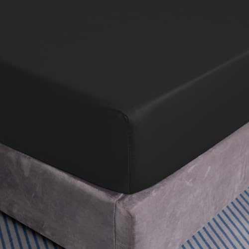 Cotton Market Spannbettlaken mit Gummi 200x220 cm - Robust Bettlaken aus Baumwolle - Einfarbig Spannbetttuch Standardgröße - Thermoregulierung Bettlaken - Schwarz