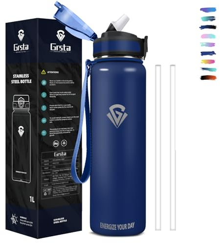 Grsta Botella Agua Acero Inoxidable, Botella Agua 1 litro, Botella Agua Gimnasio con Pajita, Botella de Agua sin BPA, Fácil de Limpiar, Botella Reutilizable Para Deportes, Camping, Ciclismo, Yoga
