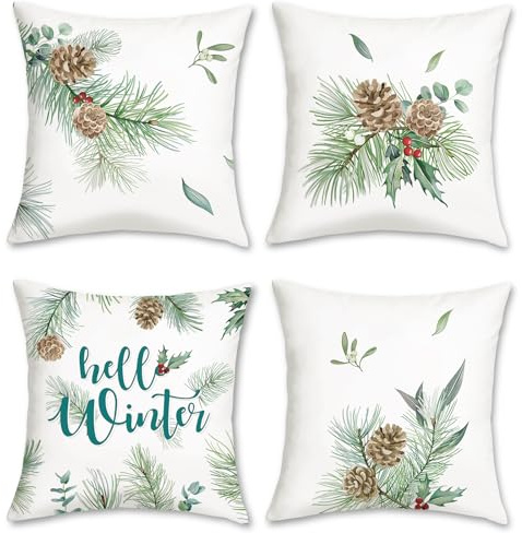 Bonhause 4er Set Kissenbezüge Winter Grün 45 x 45 cm Kiefernblätter Tannenzapfen Dekorative Kissenhülle Zierkissenbezüge für Sofa Schlafzimmer Wohnzimmer Winter Dekoration