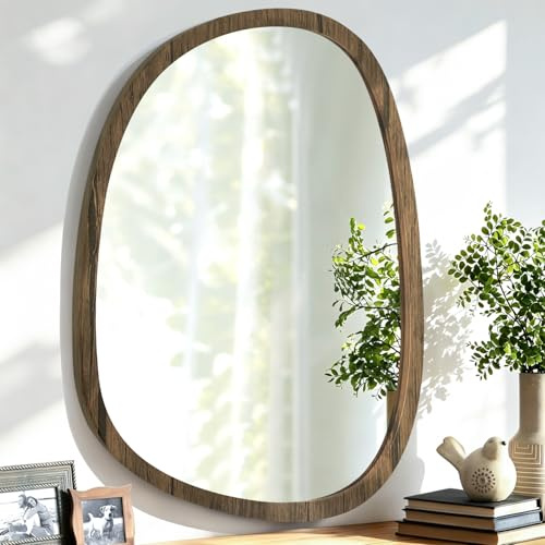 Lzuso Asymmetrischer Spiegel Unregelmäßiger Wandspiegel Ovaler Holzrahmen Wandspiegel für Badezimmer Wandspiegel Dekorativ für Schlafzimmer Wohnzimmer Eingangsbereich Flur Einzigartiger Hängespiegel