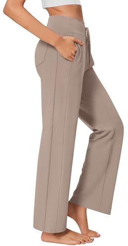 PINSPARK Jogginghose Damen High Waist Schlaghose Yogahose UV Shchutz Freizeithose Blickdicht Leggins Damenhose Klettern Wander Hose mit Stretch Weites Bein und 4 Taschen Helles Teegrau XXL