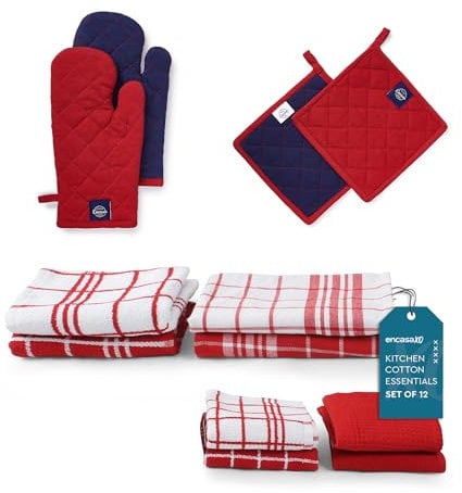 Kitchen and Dish Towels - Oven Mitts - Pot Holder Set of 12 Pc - Pure Cotton - Dishcloths by Encasa XO - Red Combo