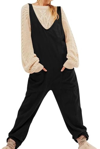 Tuta da donna in velluto a coste senza maniche casual tute larghe con tasche da donna inverno caldo comodo pantaloni monopezzo tinta unita scollo a V gamba dritta tute, Nero , M