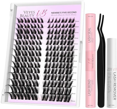 VEYESBEAUTY Faux Cils Kit Extension Cils Newbie's Five-Second Cils Individuels Avec Colle Volume Russe Cluster Lashes Mixte Diy à La Maison Cils Individuels (Velvet Wing Kit, 8-16mm)