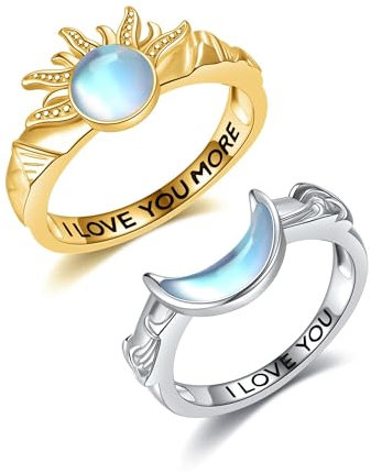 Sonne und Mond Ring Set 925 Sterling Silber Paar Ringe Bergwelle Mondstein Passender Verlobungs Ring Hochzeit Verlobung Jahrestag Sonne Und Mond Himmlischer Schmuck Geschenke Damen(7,9)