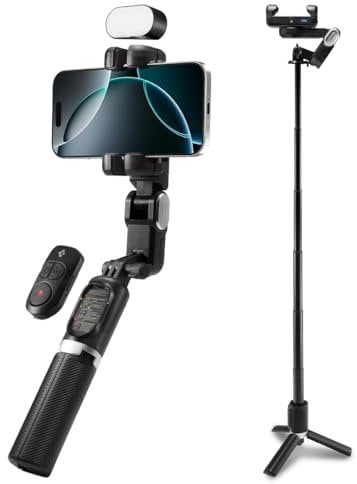 Spigen S620W Stabilizzatore Gimbal per Smartphone con Treppiede a Riconoscimento Facciale, Supporto per Selfie Rotabile Verticale e Orizzontale, Include Luce LED e Telecomando Bluetooth - Nero