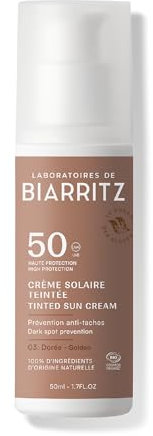 Laboratoires de Biarritz - Crème Solaire Visage Teintée Dorée - SPF50 - Certifiée Bio - Unifie le Teint et Prévient l'Apparition de Taches - 50 ml - Fabriquée en France