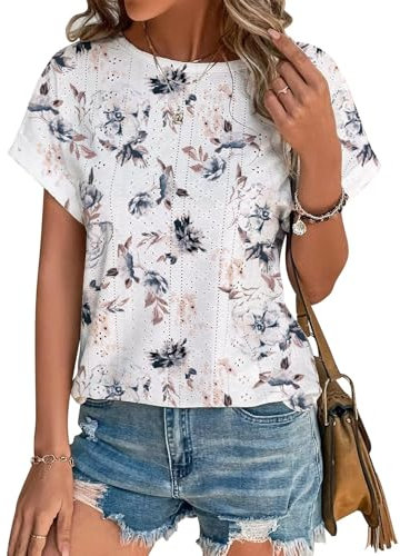 Cuptacc Tshirt Damen Bluse Damen Sommer Elegant 2025 Mode Lochstickerei Top Kurzarm Oberteil Weiß Geblümt Groß L 42-44