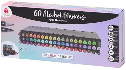 Decotime Twin Alcohol Markers with XL Storage Tray - 60 Dual-Tip Colouring Permanent Marker Pens, Adults Art & Crafts - Quick-Dry Artist-Grade Markers, Fine & Brush Tips for Drawing, Blending