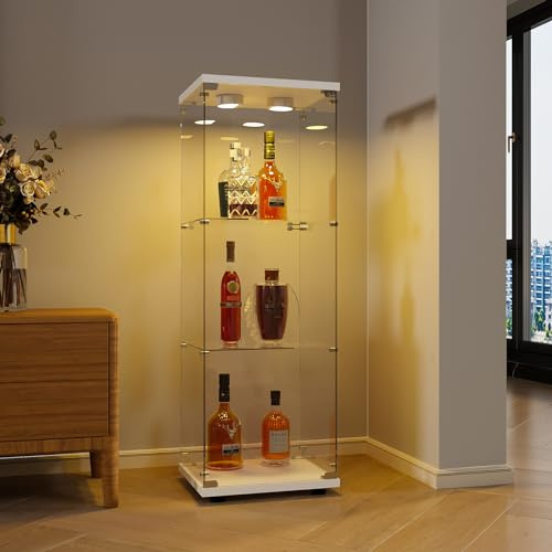 JOROBURO Glasvitrine Standvitrine, 3 Lagen Sammlervitrine Vitrinenschrank, eintürige Vitrinen für Wohnzimmer, Schlafzimmer, Büro, Standregal aus Glas, eintürige Vitrine aus gehärtetem Glas, Weiß