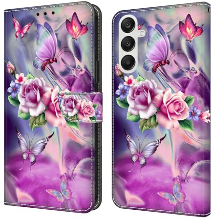 CLM-Tech Handyhülle kompatibel mit Samsung Galaxy A16 5G Hülle - Tasche aus Kunstleder - Klapphülle mit Ständer und Kartenfächern - Schutzhülle Wallet Case Cover lila Blumen Schmetterlinge