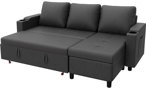 Devoko Sofa Bed, 3 Seater L-Shaped Pull-Out Corner Sofa Bed with Storage & Cup Holders, Space-Saving Convertible Sectional Sofa for Living Room & Bedroom, Grey