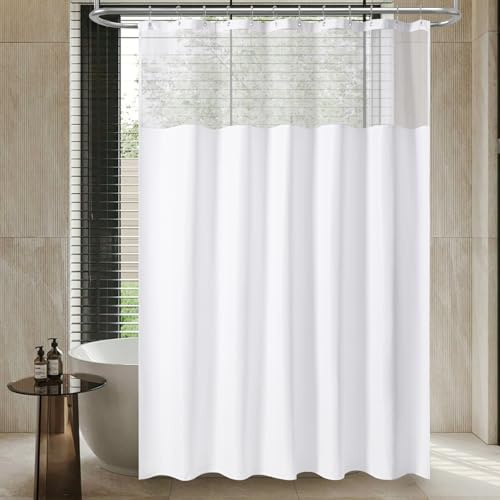 FY&XZH Tenda da Doccia Impermeabile Effetto Lino con Finestra in Rete, 12 Ganci Inossidabili, Orlo Ponderato, Tessuto Lavabile per Bagno (183x183 cm, Bianco)