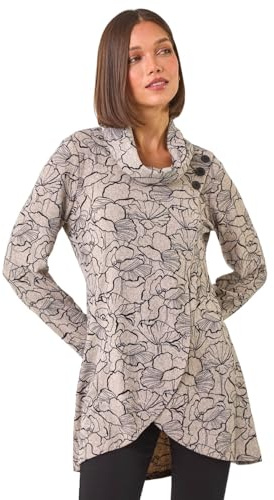 Roman Women's Cowl Neck Long Sleeve Tunic Ladies Lightweight Longline Patterned Top Blouse Snit Autumn Winter Work & Casual Smart Wear Going Out Party Loungewear - Grey - Size 16