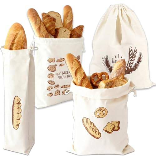 Bread Bags for Homemade Bread Linen Bread Bag to Keep Bread Fresh Food Storage Bag for Onion Potato Vegetable Baguette 2 Sizes 38 X 31 cm, 64 X 16 cm(4 Pack)