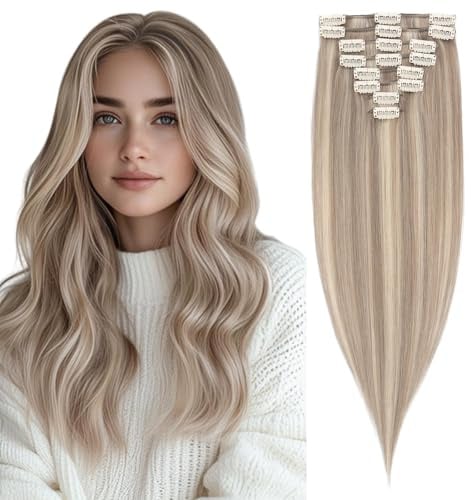 Rich Choices Clip in Extensions Echthaar Blond 25cm Balayage Sandblond Echthaar Extensions Clip in Haar Strähnen Invisible Haarverlängerung Gerade Remy Human Hair - 8 Stück Dünne Tressen