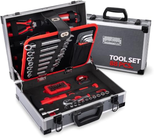 LEHMANN Werkzeugkoffer Gefüllt 88-tlg, Werkzeug Set im Aluminiumkoffer mit Tragegriff, Werkzeuge aus CR-V mit gummiertem Griff, komplettes Universal-Werkzeugset für Haushalt, Werkstatt & Garage