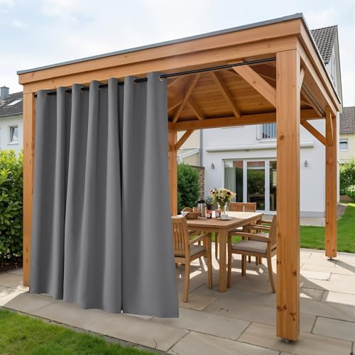 PONY DANCE Outdoor Vorhang Wasserdicht 1er Set H 213 x B 254 cm Extra Breite Gardine Sonnenschutz & Sichtschutz Outdoorvorhänge Wetterfest mit Ösen für Pavillon/Terrasse, Grau
