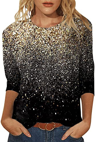 Glitzer Oberteile Damen - Pailletten Shirt Glitter Top Elegant Damenshirt 3/4 Arm Festlich Glitzeroberteil Blusenshirt Party Festliche Blusen Glamour Weihnachtsbluse