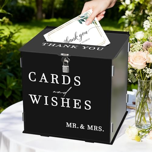 Kartenbox Hochzeit Acryl, 26*22*25.5 cm Kartenbox mit Schlitz und Schloss Hochzeitsbox für Karten Acryl Hochzeitskarten Box, Geschenkkartenbox für Geburtstag Jubiläum Baby Shower (Schwarz)