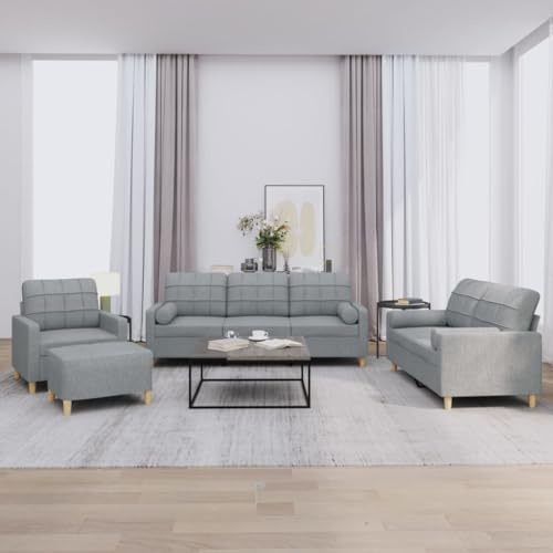Ziaphsol 4-TLG. Sofagarnitur Hellgrau Stoff, Robustes Metallgestell, Bequeme Polsterung, inkl. Rollkissen & Fußhocker, für Wohnzimmer, 1 Sessel, 2-Sitzer, 3-Sitzer Sofa Set